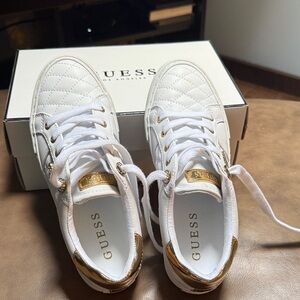 GUESS Women's Quilted White and Gold Sneakers